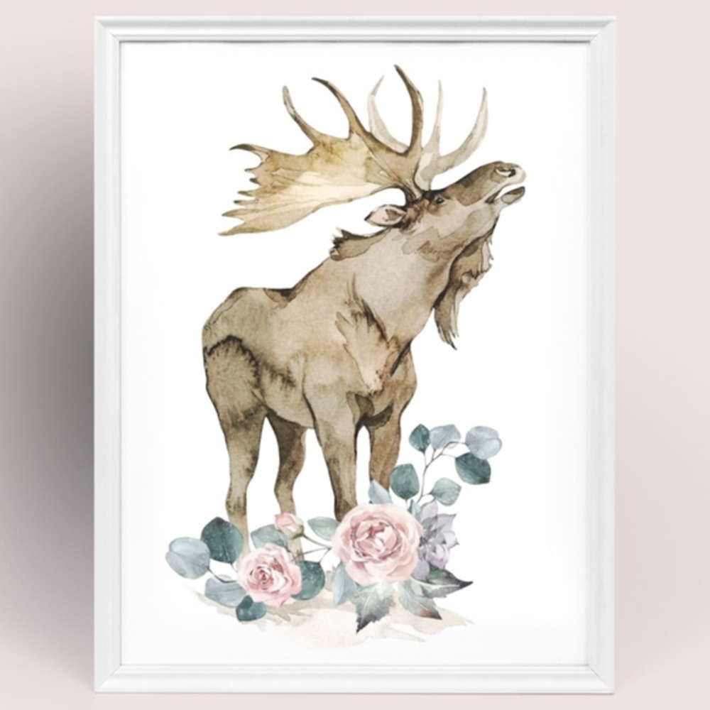 Watercolor Floral Moose Elk Deer Portrait Wall Art Illustration Print Unframed - Picture 12 of 17